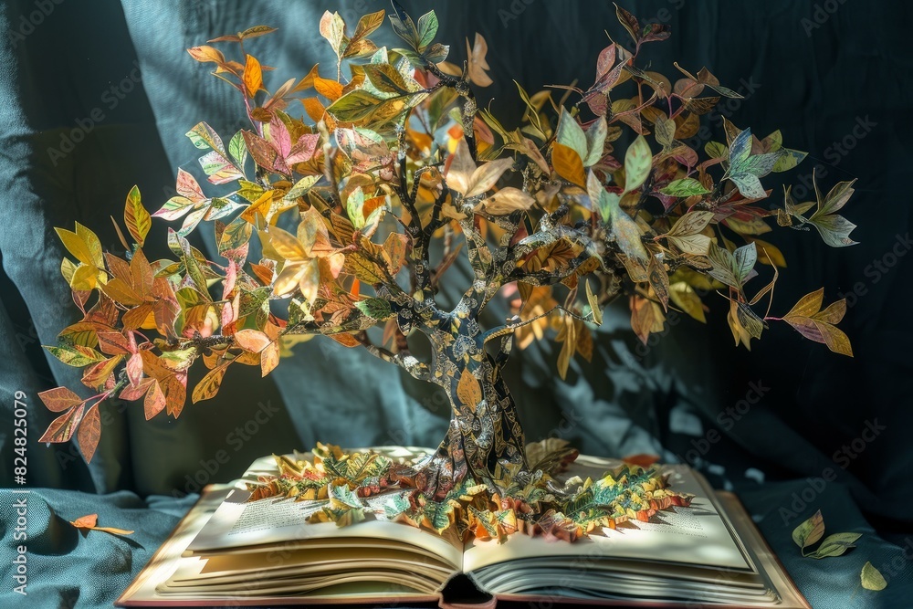 Poster an open book with a shimmering tree sprouting, adorned with colorful autumn leaves
