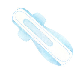 Menstrual period. Set of various feminine sanitary pads blue colors. Pads for every day. Women's daily sanitary pads. Watercolor hand drawn illustration