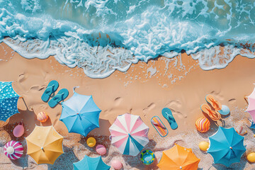 Aerial view of a sandy beach with colourful umbrella ocean waves gently touch shore. 