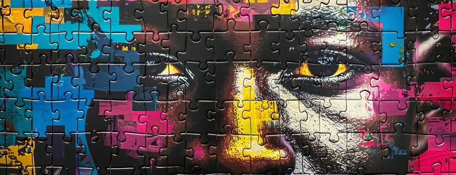 A face made up of puzzle pieces. The face is looking at the viewer with a sad expression. The puzzle pieces are all different colors and shapes.