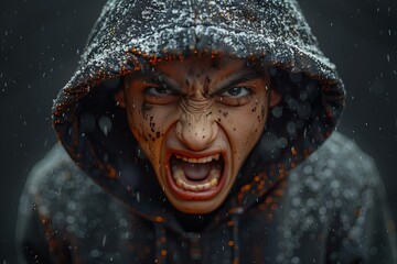 Young angry man screaming from a hooded sweatshirt on dark background