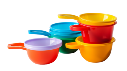 Assorted cups in vibrant colors stacked together with matching lids