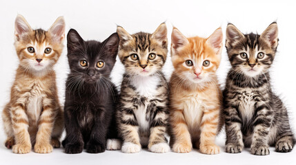 Five cute kittens on white background. Adorable portrait of five fluffy kittens sitting together on a white background. Perfect for pet adoption or animal shelter campaigns.