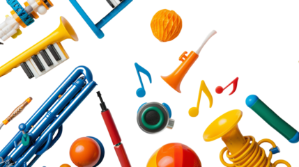 Various musical instruments including guitars, drums, saxophones, trumpets, and violins, are displayed together