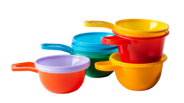 Assorted cups in vibrant colors stacked together with matching lids