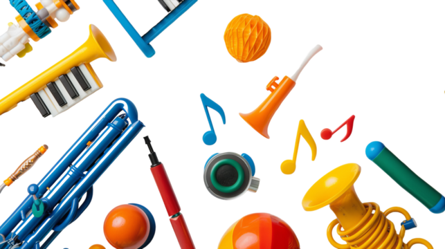 Various musical instruments including guitars, drums, saxophones, trumpets, and violins, are displayed together