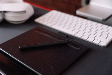 Workplace with computer and wireless peripheral equipment.
