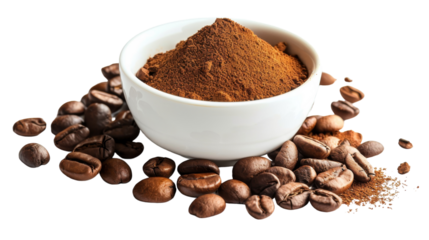 A white bowl filled with coffee beans placed beside a pile of ground coffee beans