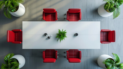 Top view of a meeting room with a sleek white table, red accent chairs, and green plant d?(C)cor.