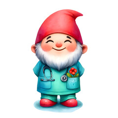 Obraz premium Charming illustration of a cartoon gnome dressed as a doctor, complete with a stethoscope
