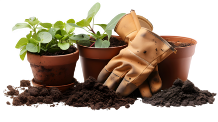 Gardener's Tools with Gardening Gloves and Plants for Horticulture and Greenery, Isolated on White, Transparent Background, PNG File, Hand Edited Generative AI