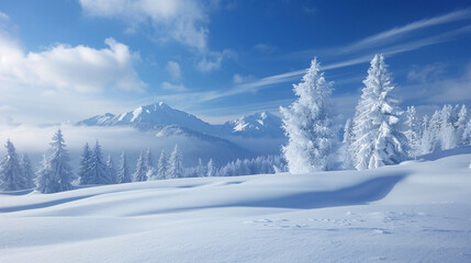 Fototapeta premium Winter wonderland. Breathtaking winter scene with snow-covered mountains, pristine white snow, and frost-covered trees under a blue sky.