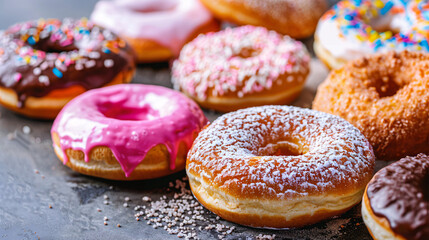 Delicious variety of donuts. Mouthwatering assortment of freshly baked donuts with various toppings, perfect for bakery, dessert, and food photography projects.