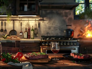 Cozy kitchen interior during steak preparation with atmospheric ambiance