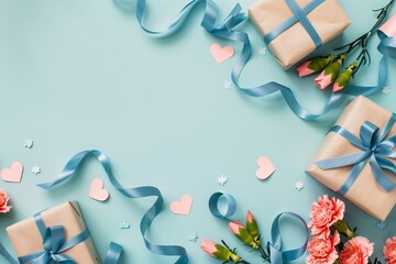 Father's Day surprise gift concept. Top view flat lay photo of beautiful present boxes with blue ribbons, carnation flowers, and pink paper hearts postcard on pastel blue background with empty space
