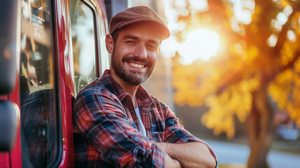 Happy confident driver standing in front on his truck and looking at camera