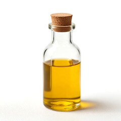Glass bottle with amber liquid and cork stopper