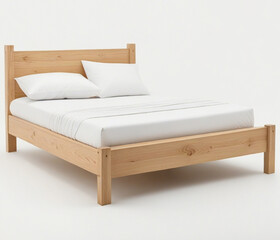 Minimalist wooden bed with white bedding on neutral background