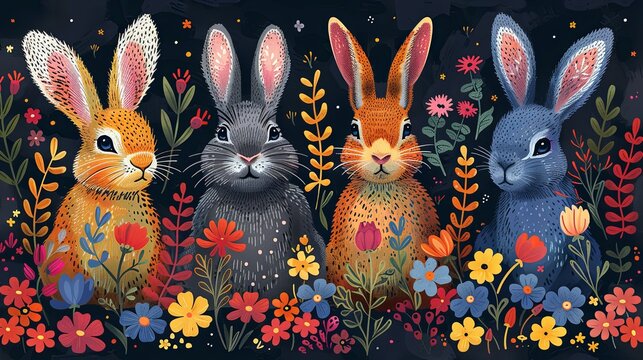 Vibrant collection of naive art style vector illustrations for Easter, featuring abstract rabbit and floral designs alongside bold typographic elements with a spring theme