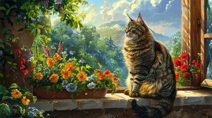 A fat cat sitting regally on a windowsill, gazing out at a beautiful garden, exuding an air of...