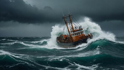 image of a wooden fishing trawler battling