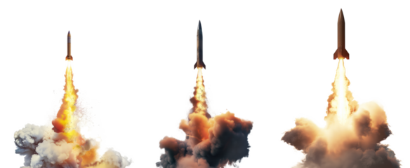 炎を吹いて飛翔する小型のロケット3種類切り抜き
