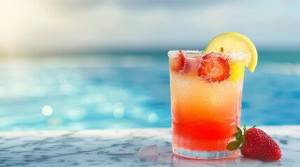 summer refreshing cocktail with strawberries and lemon on pool background, copy space