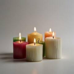 Array of lit colorful candles against a soft white background, conveying calmness