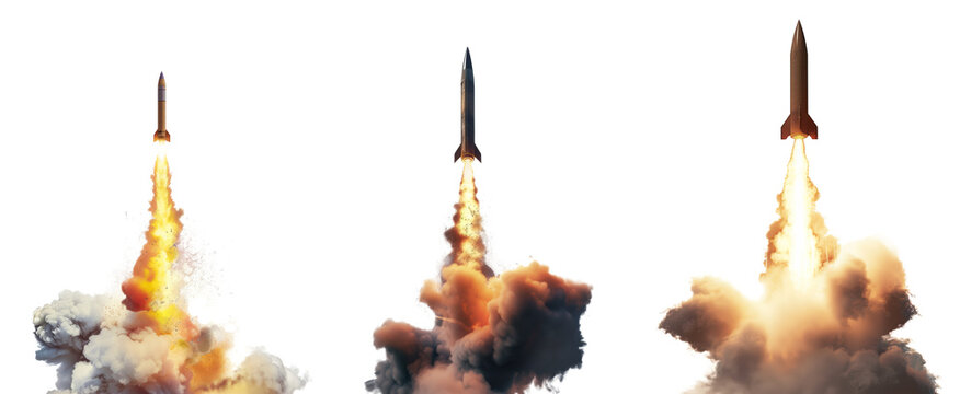 炎を吹いて飛翔する小型のロケット3種類切り抜き
