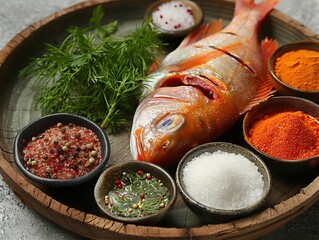 A close-up shot of a chef skillfully marinating a fresh fish with a variety of seasonings, including herbs and spices, capturing the process of preparing a delicious seafood dish for a gourmet meal.