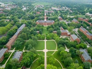 Aerial view of a university campus featuring historic buildings, manicured lawns, and abundant trees, symbolizing education and tranquility.