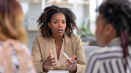 Black female financial advisor talks to couple during meeting in office