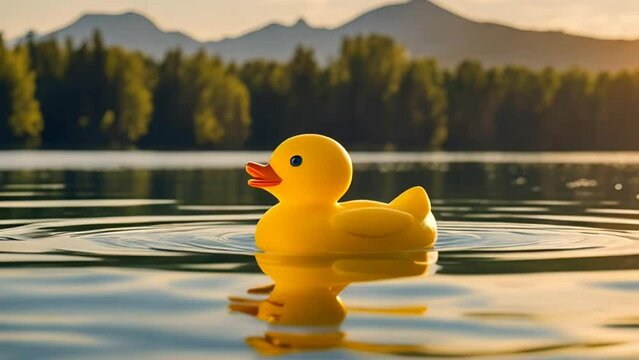 a yellow rubber duck floating on surface of water in a lake