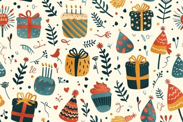 Watercolor happy birthday pattern with gift bowes and cakes