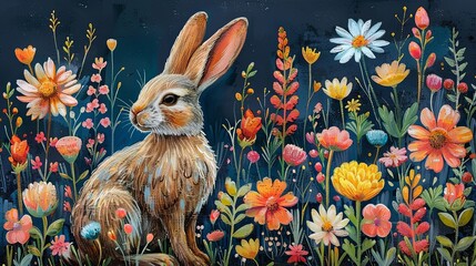 Vibrant collection of naive art style vector illustrations for Easter, featuring abstract rabbit and floral designs alongside bold typographic elements with a spring theme
