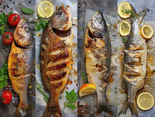A selection of deliciously cooked fish varieties including grilled, fried, and boiled for juicy and appetizing meals. Perfect for food-related content and seafood enthusiasts.