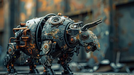 Fototapeta premium Robotic animals futuristic with metal details on the city background.
