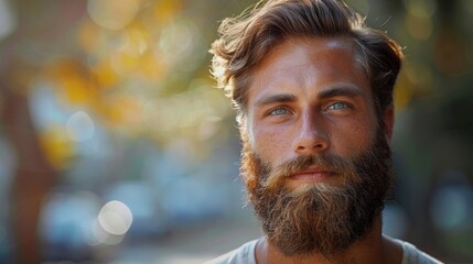 Close-up of a suave man with beard and ocean-colored eyes in natural light