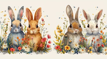 Vibrant collection of naive art style vector illustrations for Easter, featuring abstract rabbit and floral designs alongside bold typographic elements with a spring theme