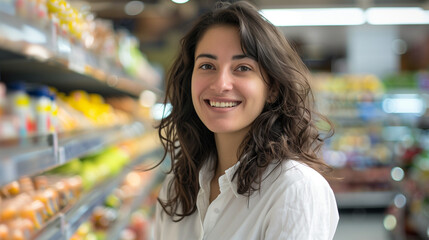 Portrait of happy female supermarket manager looking at camera, with professional tones of store colors, moderate depth with store details, confident expression, and clean surroundings.
