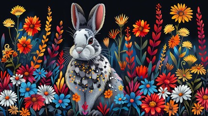 Vibrant collection of naive art style vector illustrations for Easter, featuring abstract rabbit and floral designs alongside bold typographic elements with a spring theme