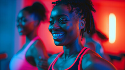 Fototapeta premium Happy black woman warming up with her female friend during sports training in gym, with vibrant tones of gym colors, moderate depth with gym details, focused expressions, and athletic attire.
