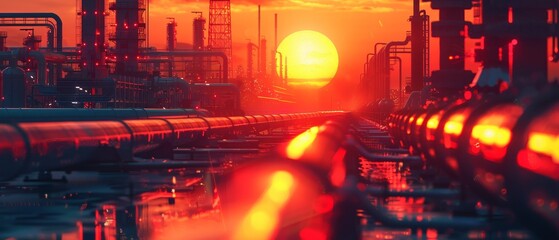 Sunset view of an industrial oil refinery with pipelines glistening in the sunset, highlighting the energy and petroleum industry.