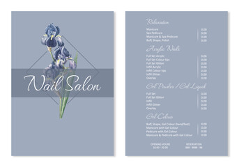 Vector Illustration sticker business card for nail salon decorated with botanical art texture with pricelist and special offer. A4 printable template
