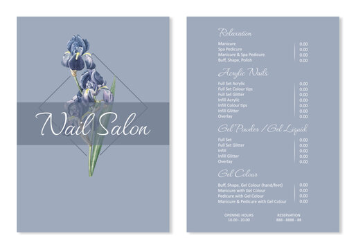 Vector Illustration sticker business card for nail salon decorated with botanical art texture with pricelist and special offer. A4 printable template - Powered by Adobe