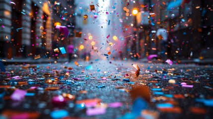 Energetic image showing a shower of confetti falling on a city road during a festive event