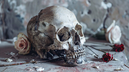 Skull and roses still life. Weathered human skull with roses in a grunge, gothic still life. Themes of death, mortality, beauty, and decay. © Lull