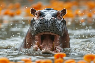 Illustration of  hippo with its mouth hanging out in the water, high quality, high resolution