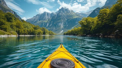 A person kayaking through a clear river with stunning mountain views, capturing the essence of outdoor adventure - Powered by Adobe