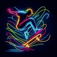 Neon Skateboarder Performing a Trick